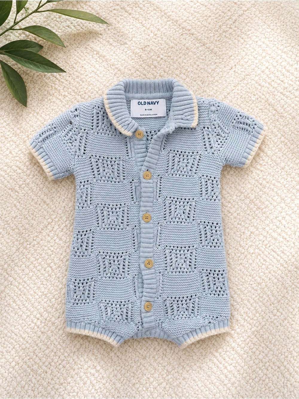 Old Navy Blue Knit Short-Sleeve Baby One-Piece with Cream Trim